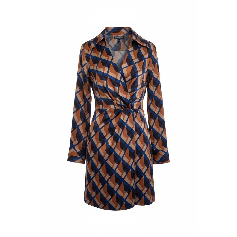 Banana Republic Geometric Wrap Dress Blue Rust Long Sleeve‎ Sheath Size 8